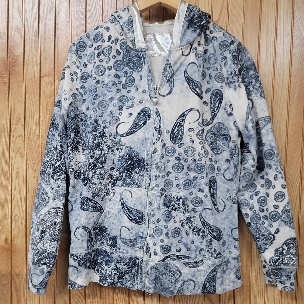 Vintage Y2K Oleg Cassini Womens Blue White Paisley Satin Lined Hoodie Medium